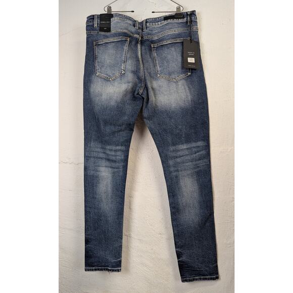 NWT Embellish NYC Jeans Patchwork Denim Mens 40 Blue Distressed Slim Stretch - Picture 7 of 12